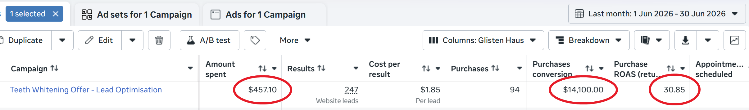 Meta Ads Manager report showing $457.10 spent, $14,100 in sales, and a 30.85x return on ad spend