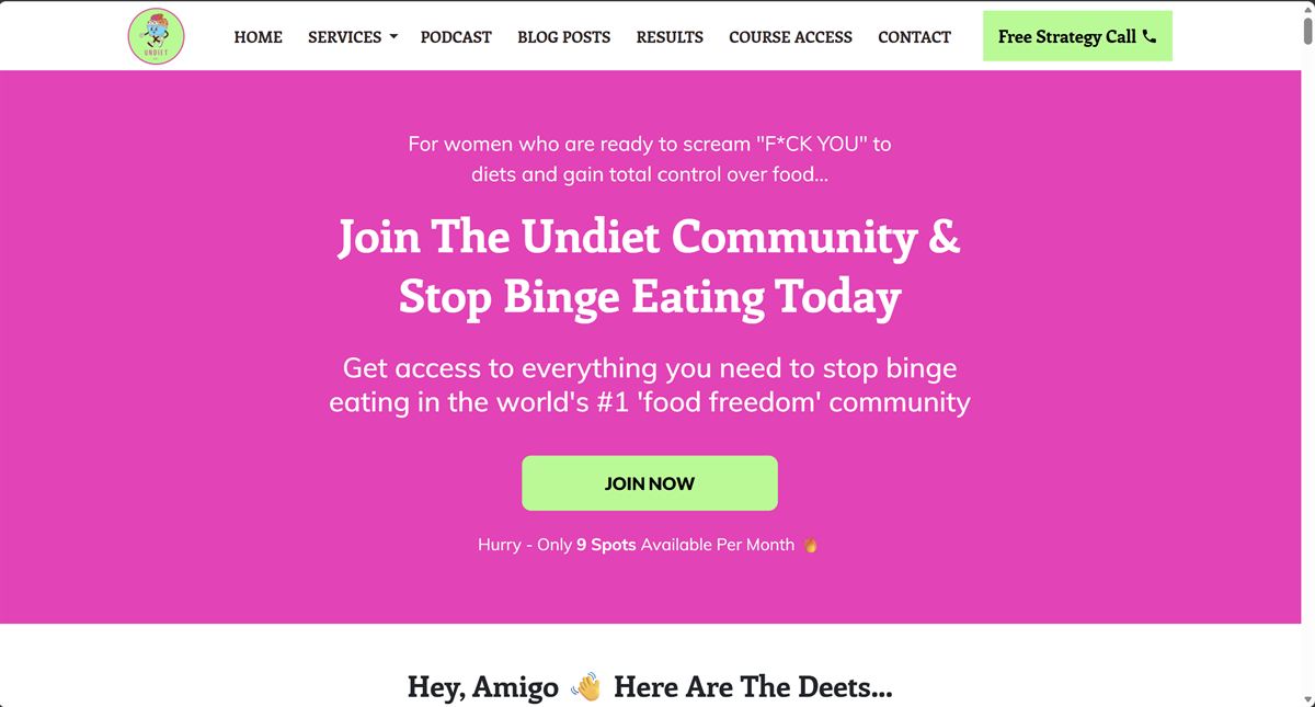 The Undiet Company community page before
